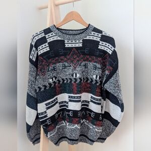 Vintage Abstract Geometric Patterned Crewneck Sweater In Black/Gray/Red/White